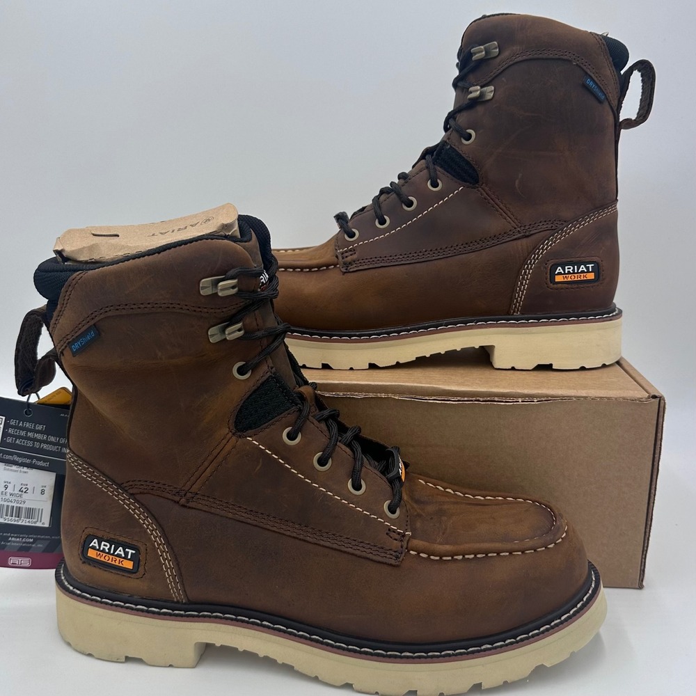 Ariat Work Boots Mens 9 EE Wide Distressed Brown Rebar Lift 8 Waterproof EH NEW